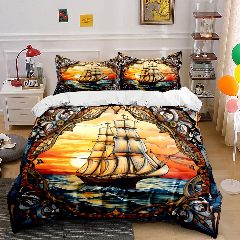 Sailing Ship Sunset Art Decor Kid'S And Adults' Bedroom Decor, Exquisite Three-Piece Bedding Set Gift