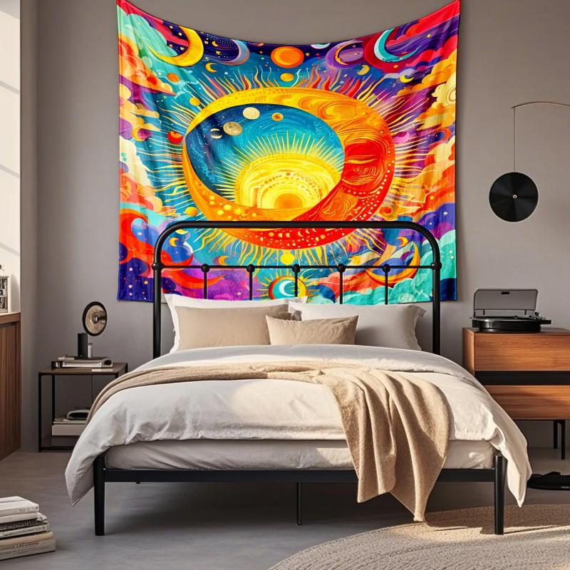 Boho Chic Wall Tapestry With Moon Phase Floral Starry Sky Design Bedroom Yoga Studio Decor