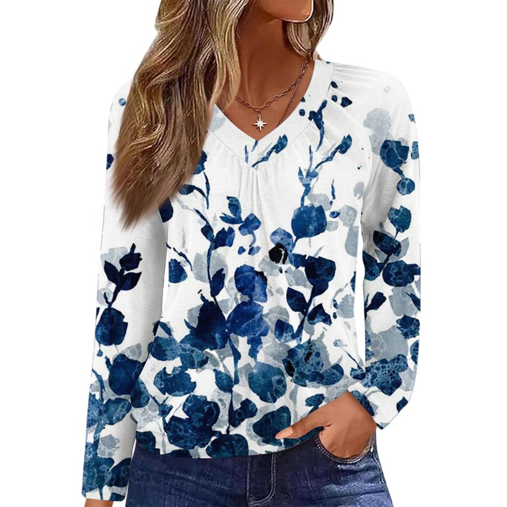 Kvinners avslappet mote V-hals raglan plissert blomstertrykk langermet topp