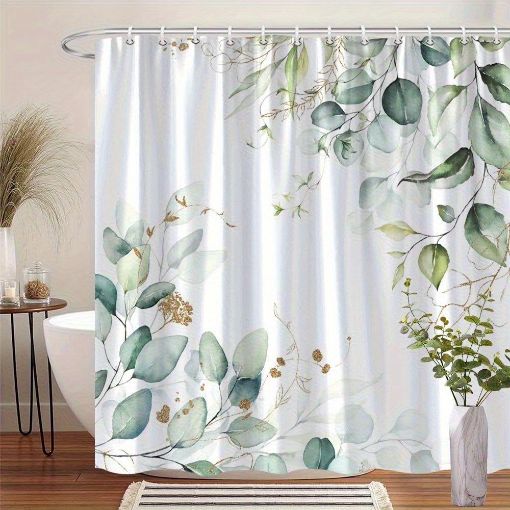 

1Pc Green And Gold Watercolor Eucalyptus Leaf Shower Curtain, Polyester Fabric, Machine Washable, Suitable For Bathroom W60H190(CM)-1 Pcs