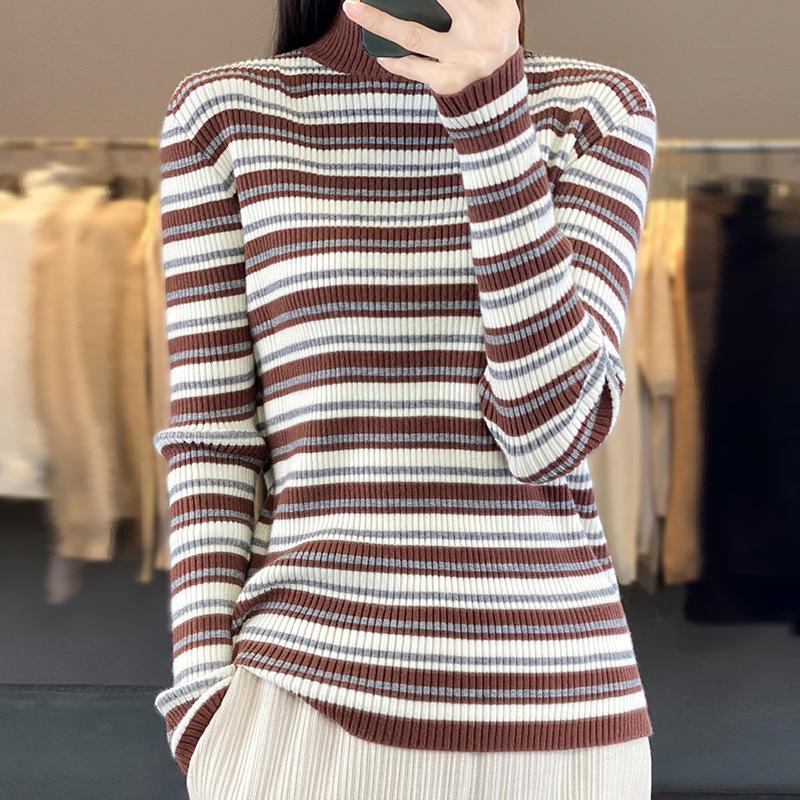 Autumn and winter new women's knitted sweater striped sweater women's semi-turtleneck contrasting bottoming shirt women's batch