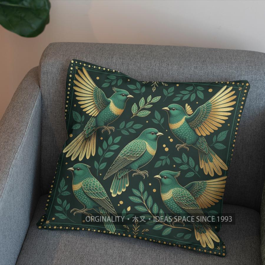 2D Elegant Green Birds With Swirls Throw Pillow Pattern Cushion Cover Suitable For Sofa Bedroom Car Pillow Cover