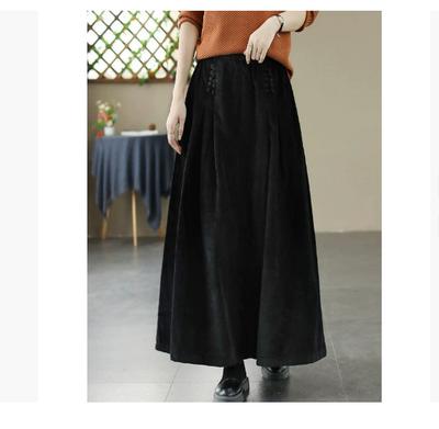 Damskie Spódnice Sztruksowe A-Line w Stylu Vintage Elastyczny Pas Jednolity Kolor Patchwork Kieszenie 2025 Wiosna Nowe Grube Spódnice Damskie