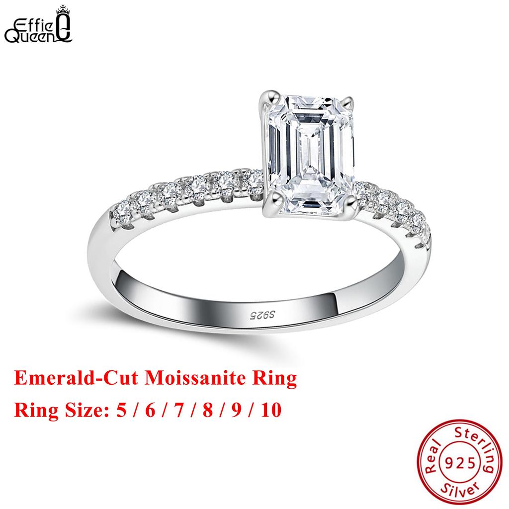 Anello Effie Queen 100% Argento Puro 925 Taglio Smeraldo Diamante Moissanite Gioielli Semplici per Donne Festa di Matrimonio Compleanni Regalo MOR08