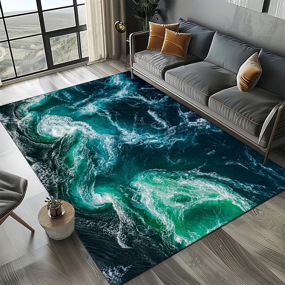 2025 New Style Blue Green Sea Wave Seawater Nature 3D Carpet Rug for Living Room Bedroom Home Sofa Decoration,Non-slip Floor Mat