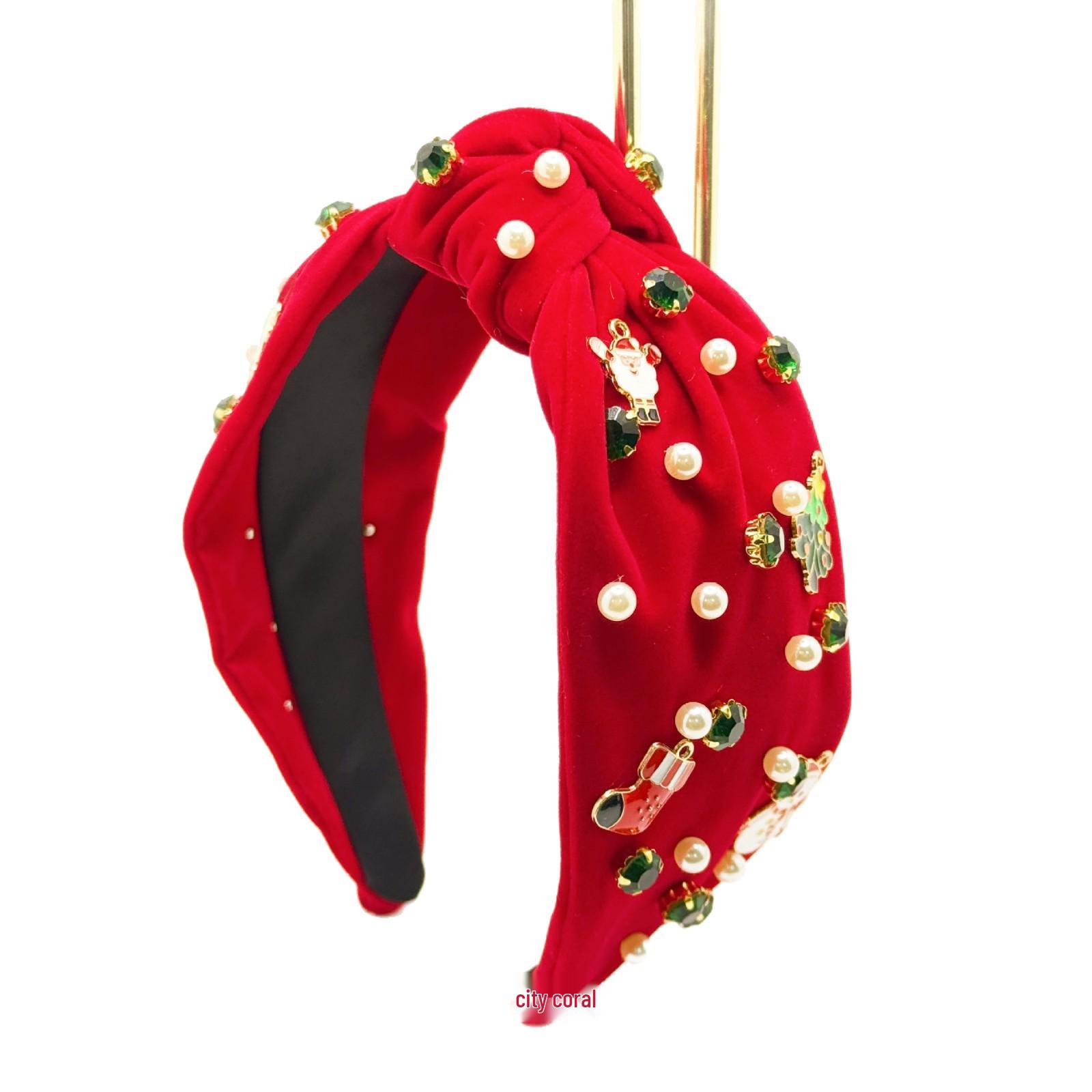 

Velvet Christmas Headband with Rhinestone Santa & Tree Design