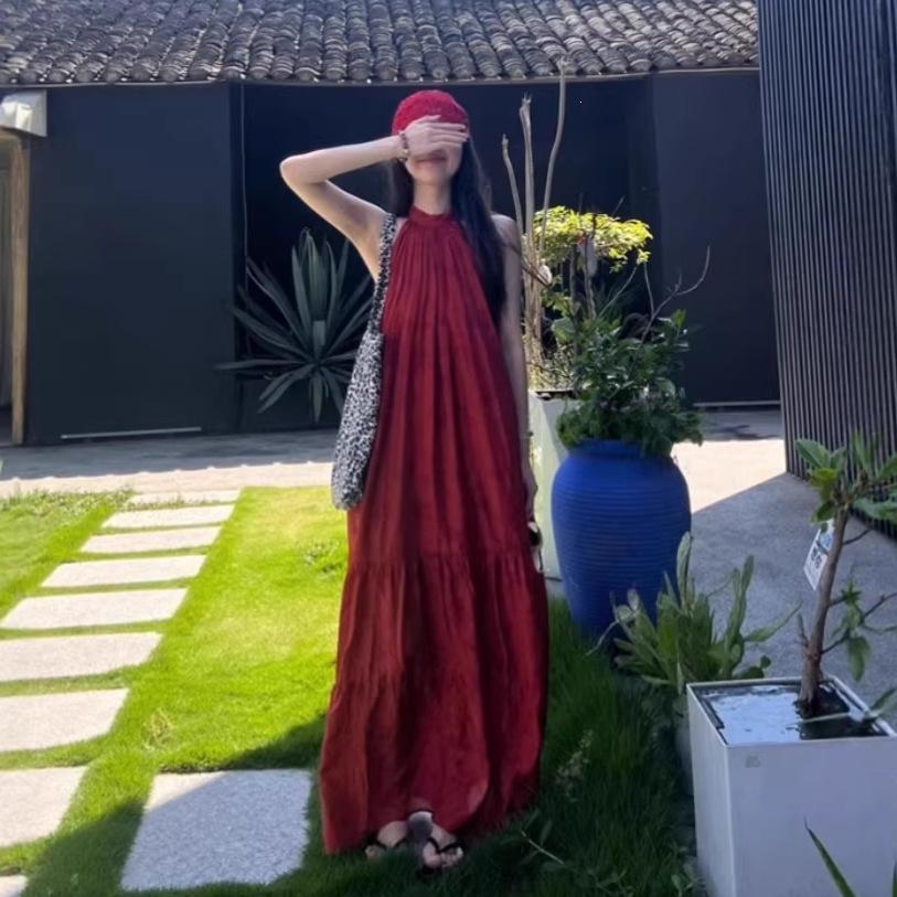 New Chinese Retro National Style Jacquard Red Neck Dress Women's Summer Seaside Vacation Temperament Big Pendulum Long Skirt