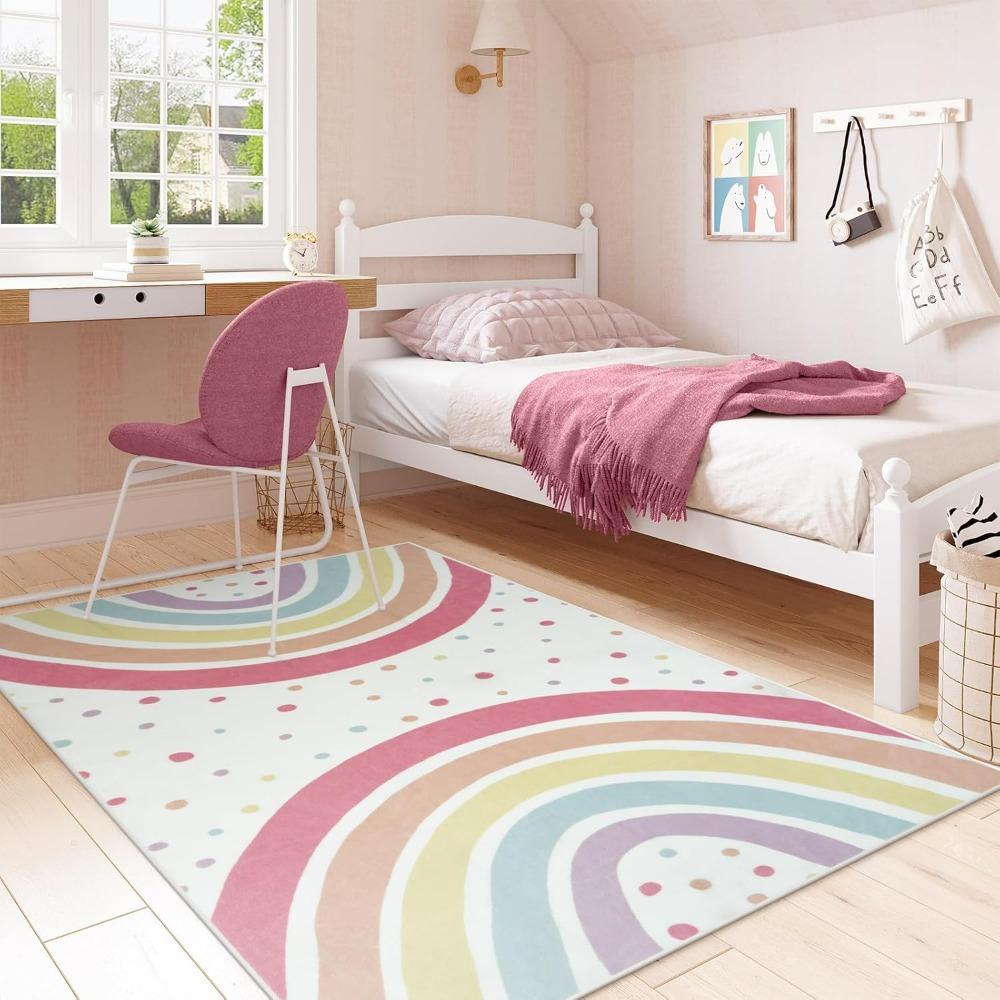 Elegant Boho Rainbow Wave Dots Area Rug Soft Non-Slip Living Room Carpet for Bedroom Bedside Baby Room Decor Floor Mat Gift