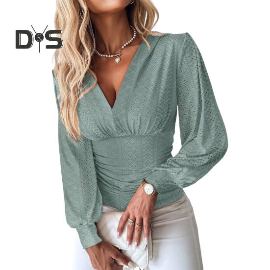 Damen-Shirt mit V-Ausschnitt, langen Ärmeln, hohles Design, T-Shirt, tailleneng, lässig, Sommeroberteile, einfarbig