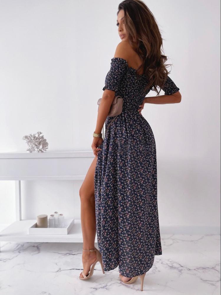 Women Summer Off Shoulder Floral Slim Slit Long Maxi Comfortable Dress Lightweight High Recognition Elegant with Flattering Chic Dress