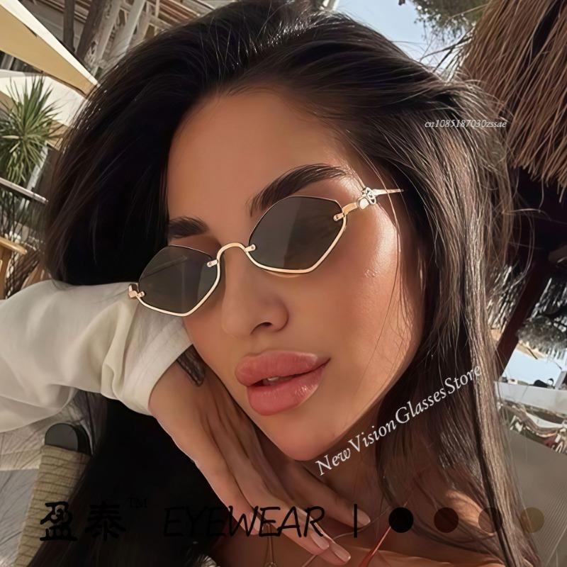 Metal Women Simple Trend Sunglasses Men New Half Frame Diamond Shaped Dopamine Small Frame Outdoor UV Protection