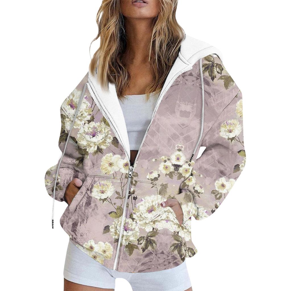 Damen Kapuzenpullover mit Reißverschluss, Blumen-Print, Sweatshirt, Kleidung, lässige Kordelzugjacke mit Taschen