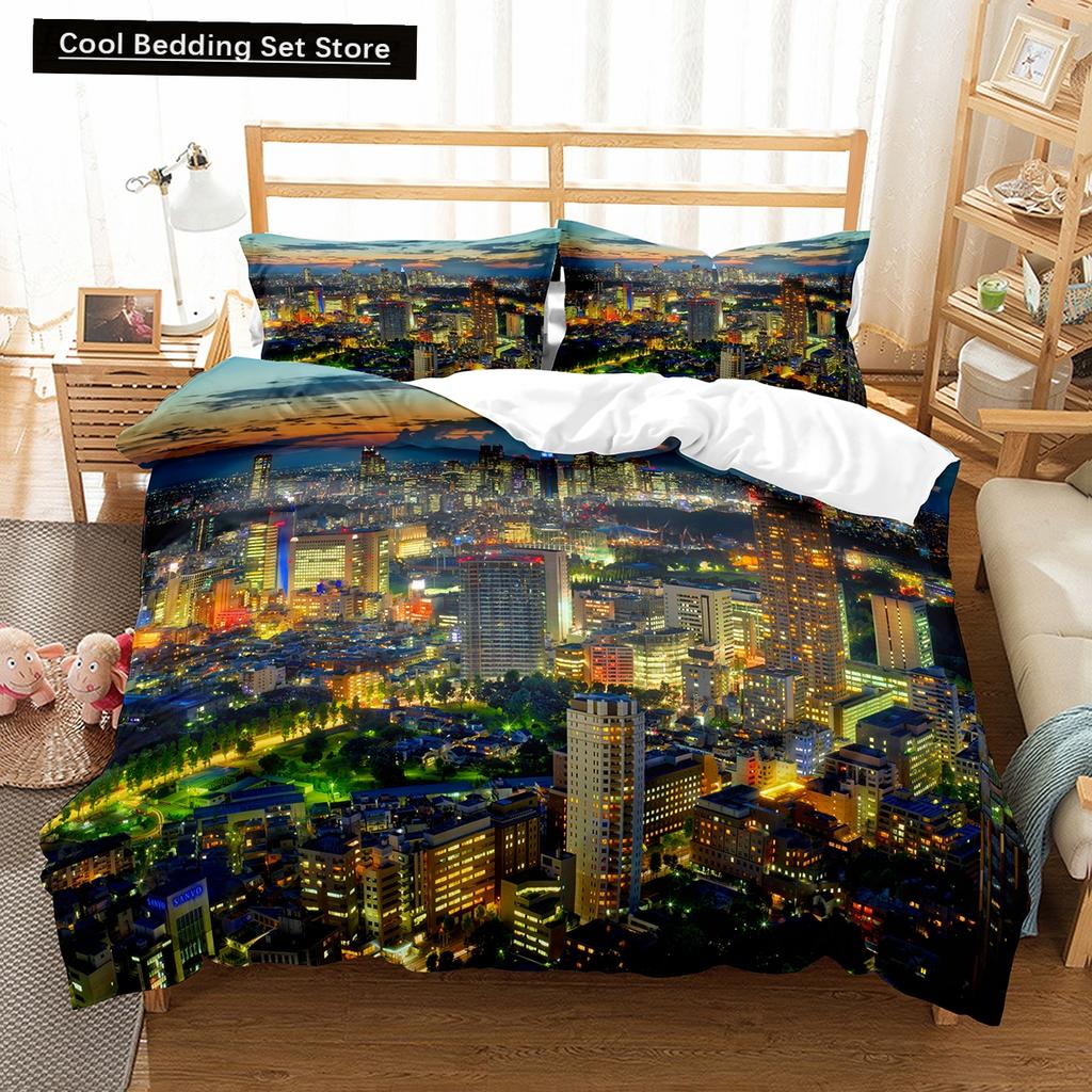 Comforter Cityscapes King Queen Tall Buildings Landscape Bedding Set Busy Traffic View Polyester Comforter