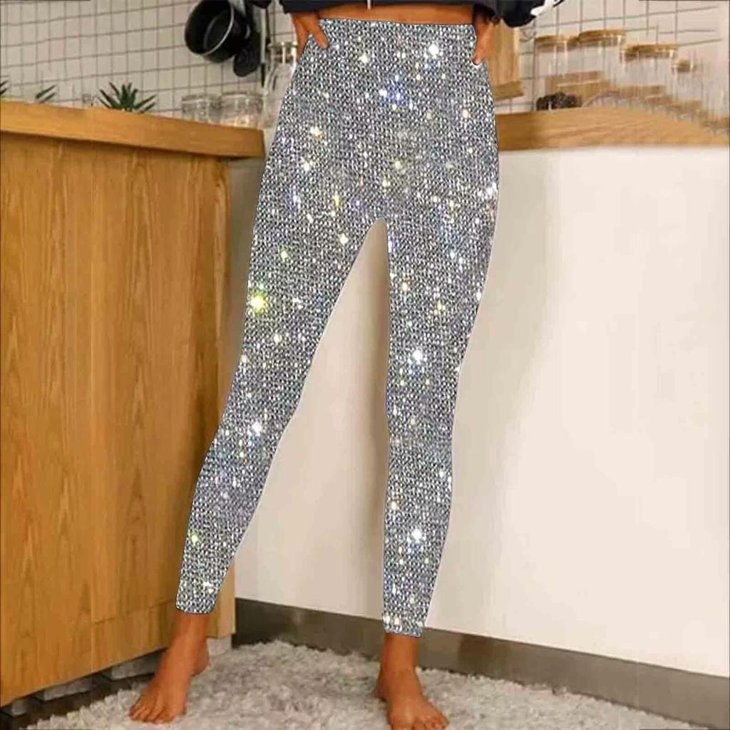 Women's Fashion Sequin Pants High Waist Flash Casual Base Slim Pants