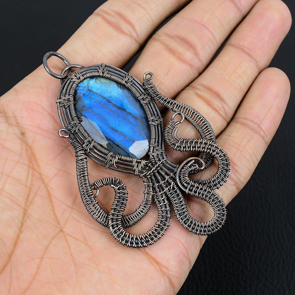 Labradorite Pendant, Handmade Gemstone 999 Copper Wire Wrapped Pendant Antique Jewelry, For Gift Silver Jewelry