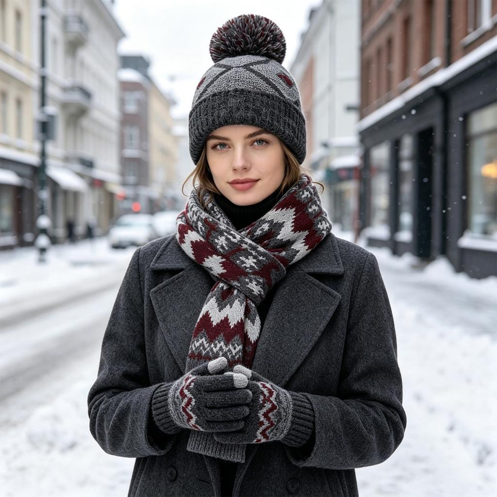 Adult Winter Hat Scarf and Gloves Set, 3-Piece Thick Thermal Outdoor Accessories
