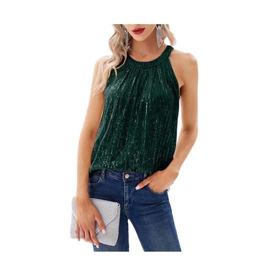 Women Vest Halter Neck Off Shoulder Sleeveless Tops Loose Fit Pure Color Sequin Decoration Party Tops Casual Daily Wear