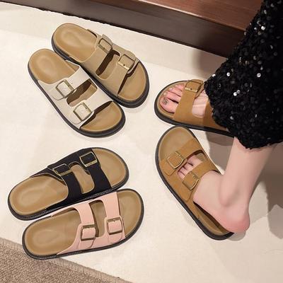 Thick-soled Cool Slippers for Women To Wear Summer New Retro Leather Buckle One-word Slippers Beach Casual Sandals