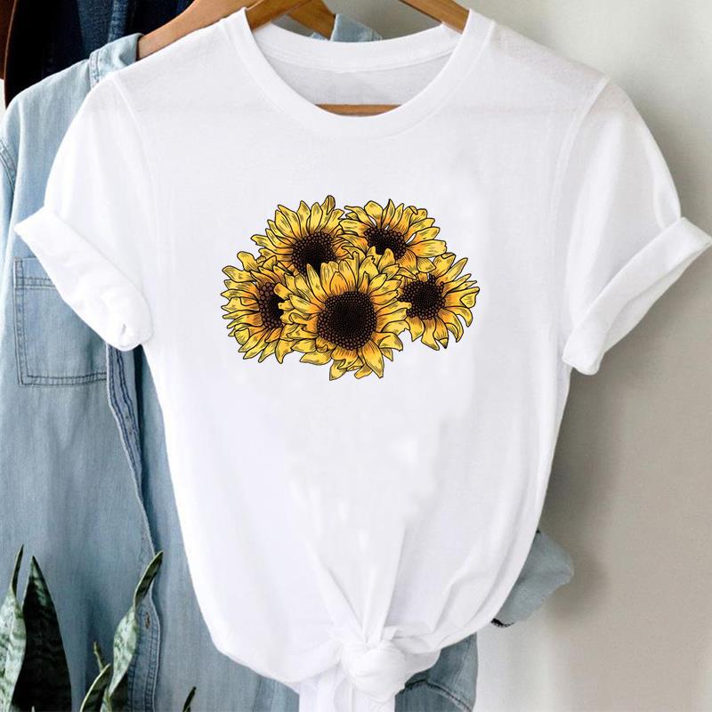 (European Size)  90s Top Fashion Short Sleeve Tee Flower Watercolor Cute Trend T-shirt Women Clothing Casual Print Lady Female Graphic T-shirt