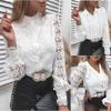 Women's Lace Blouse Long Bell Sleeve High Neck Hollow Out Romantic Shirt Top