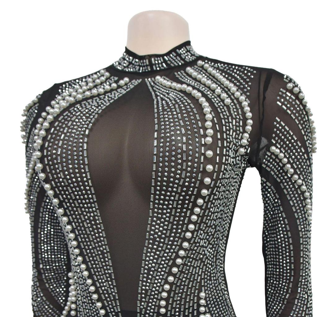 Abito da donna trasparente in rete con strass e perline - Stile europeo americano