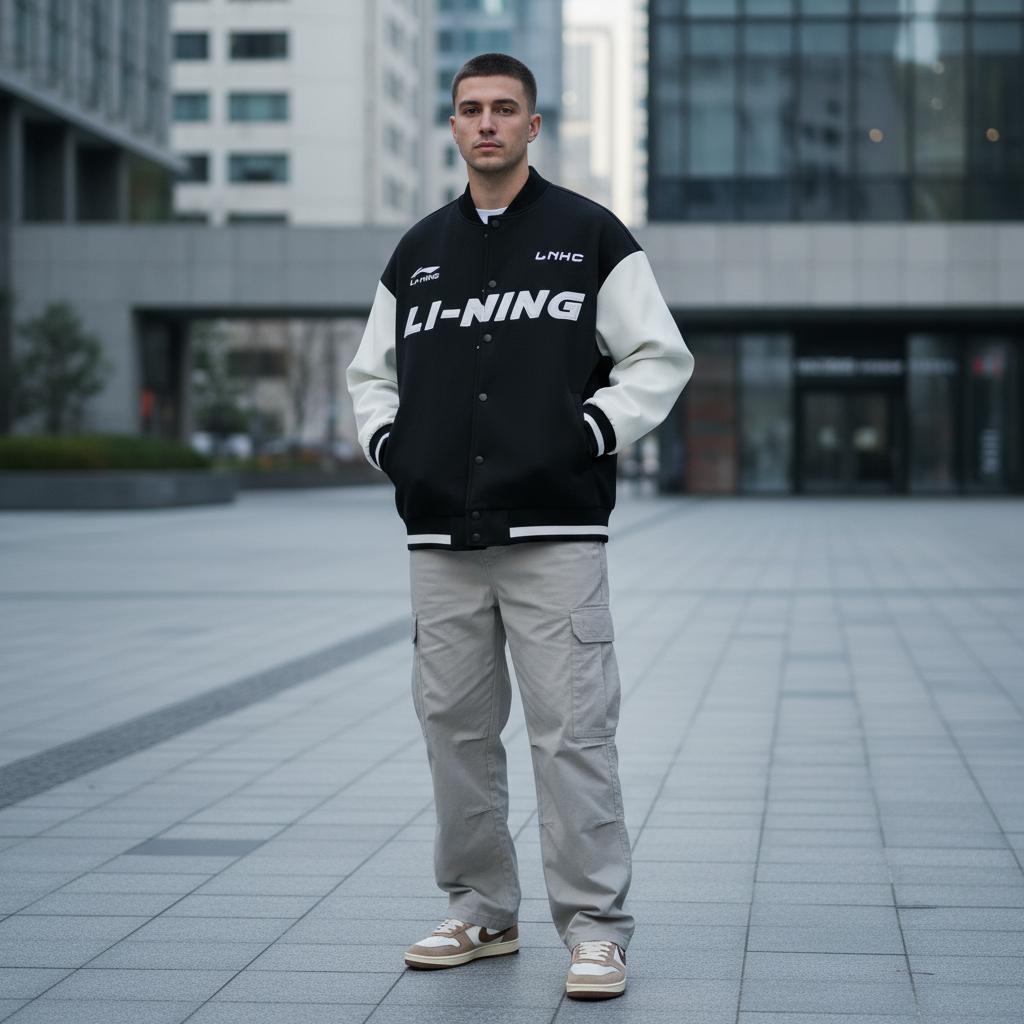 Li Ning Sports Lifestyle Series American Vintage Street Style Spliced Single-Breasted Long Sleeve Baseball Jacket Unisex Jacket Black AWDU779-2