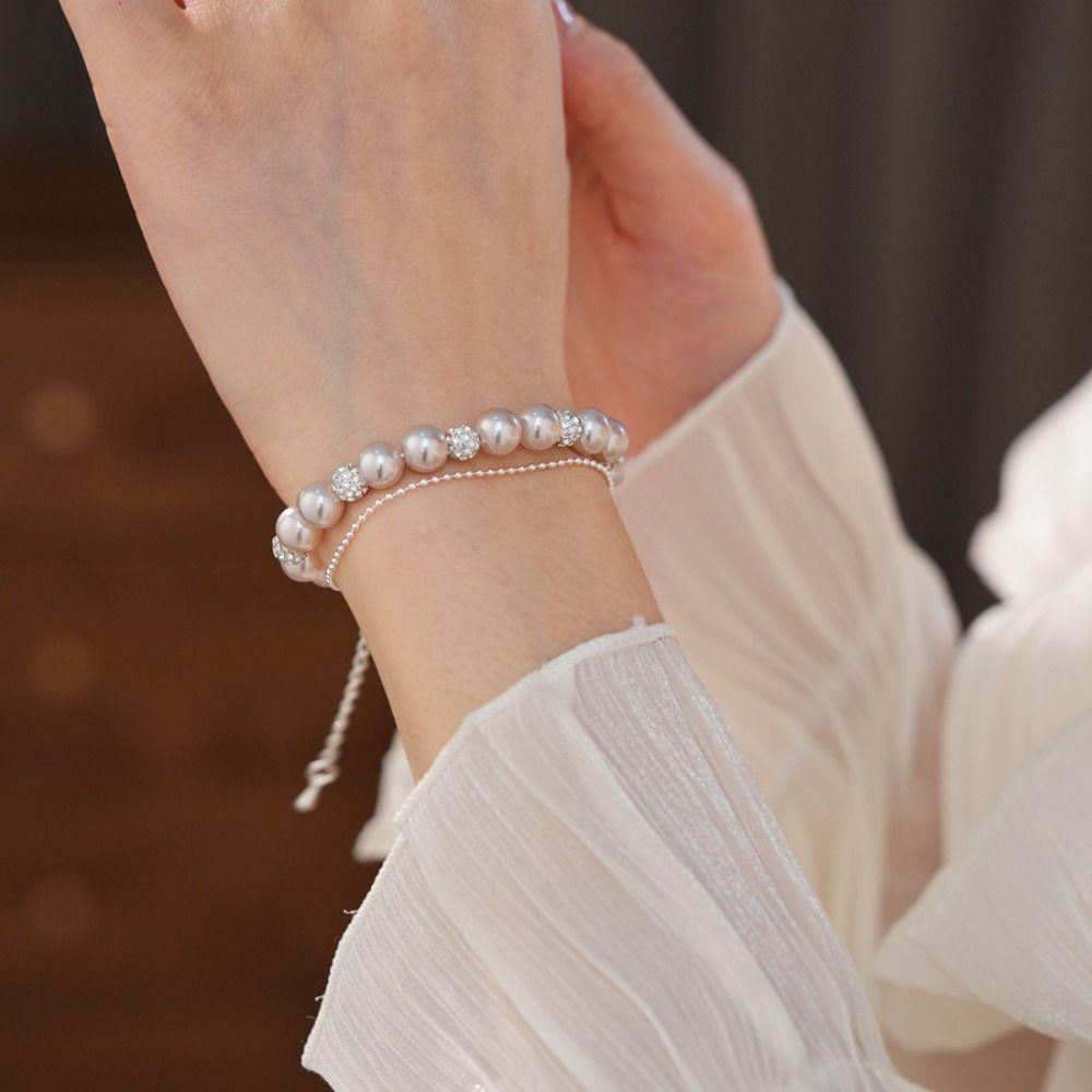 Shining Zircon Pearl Crystal Bracelet Charm Double Layer Bracelet Vintage Beaded Hand Bangle  Party