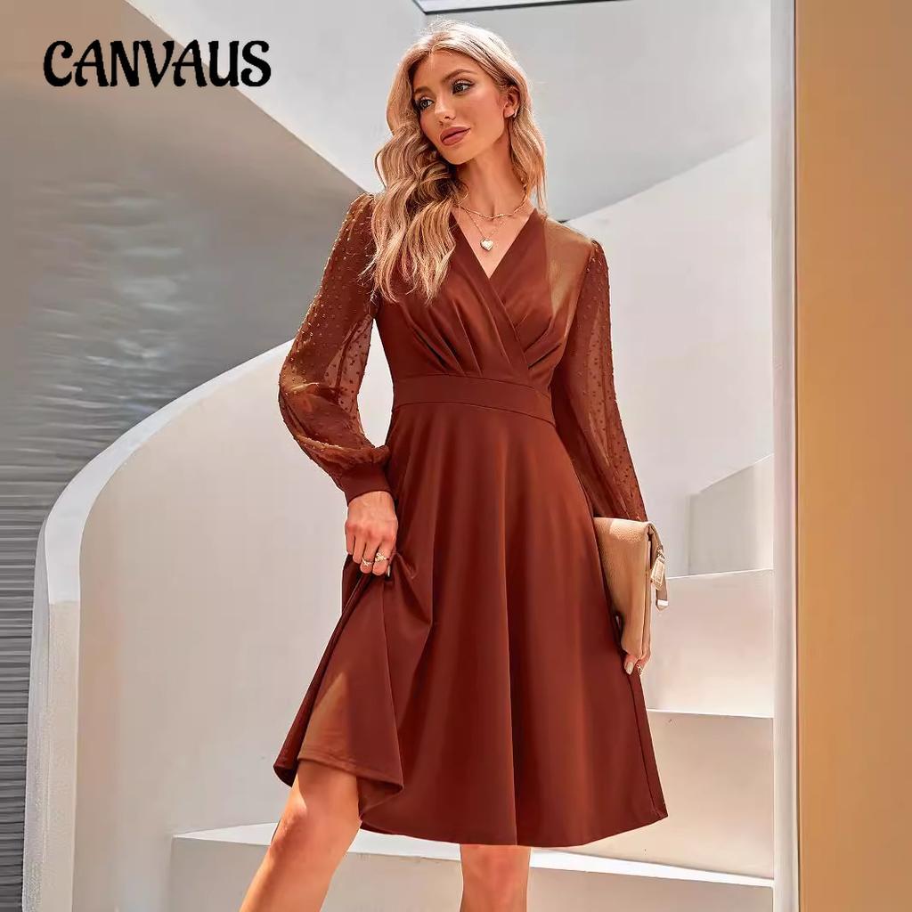 Spring and Autumn Women's Dress Solid Color Trend V-Neck Jacquard Long Sleeve Dresses