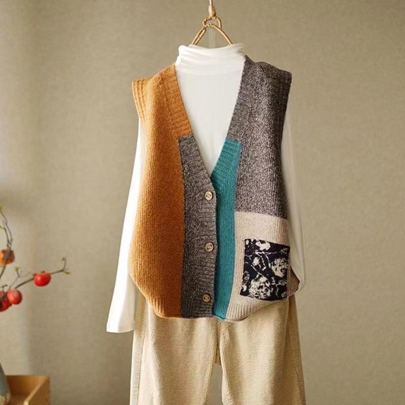 Retro Knitted Vest Cardigan Autumn Winter Loose Small Sweater Tank Women Outwear Sweater