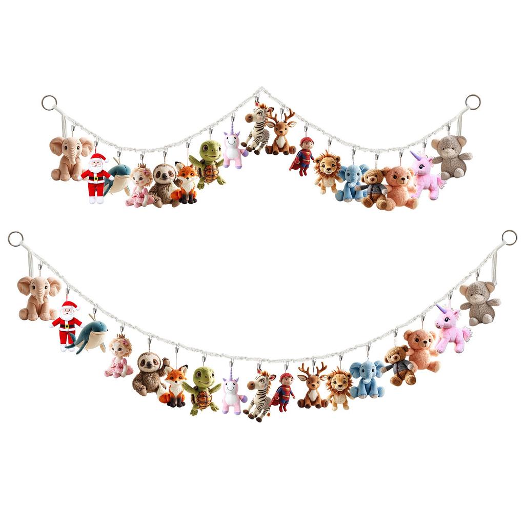 Cotton plush animal storage rope with 20 metal clips, wall-mounted hanging storage rack, suitable for kindergarten playrooms