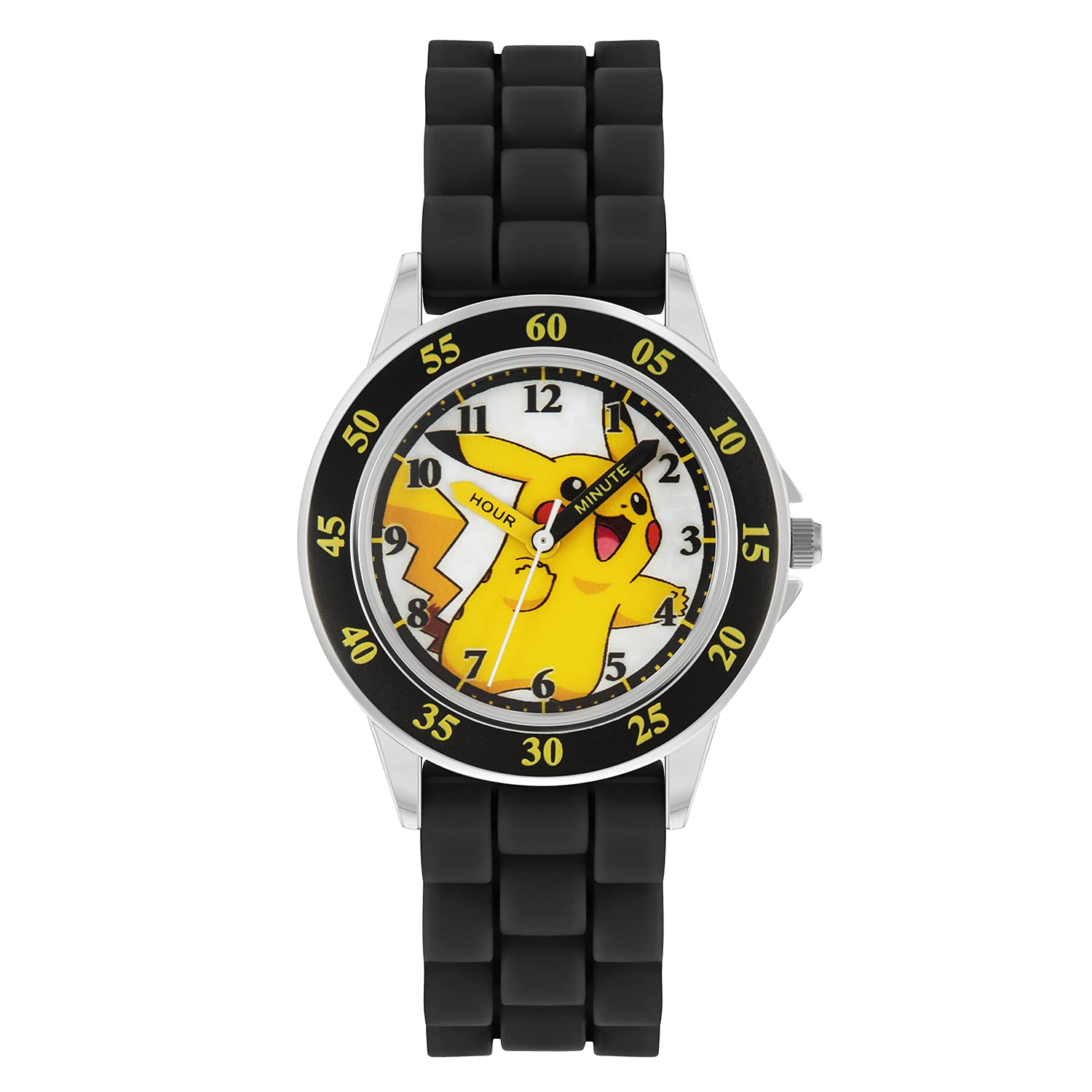 Pokemon Unisex - Kids Analog Quartz Watch Silicone Strap POK9048 Black 32mm Case Yellow Dial Waterproof
