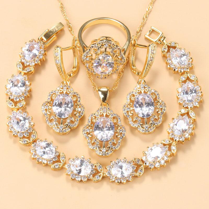 Morrocan Jewelry Sets  Gold Plated 12-Colors Zirconia Earring Necklace And Bracelet Ring For Women Fashion Accessories