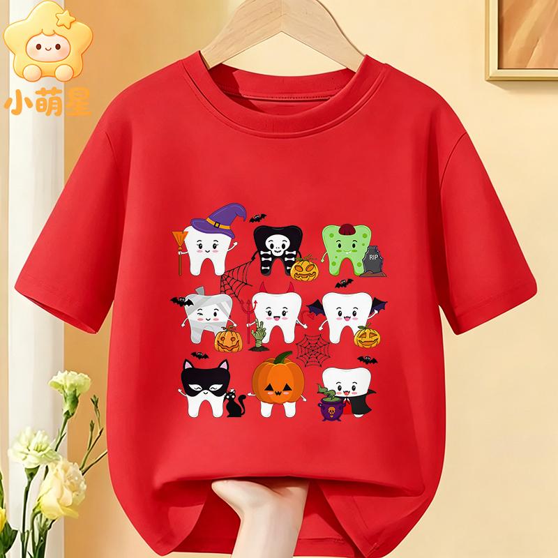 Cotton Kids Halloween T‑Shirt Adorable Ghost Riding Bike Flower Basket Bat Star Holiday Print Short Sleeve O‑Neck Children Tees