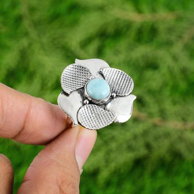 Natural Larimar Gemstone Statement Flower Adjustable Ring 925 Silver For Girls