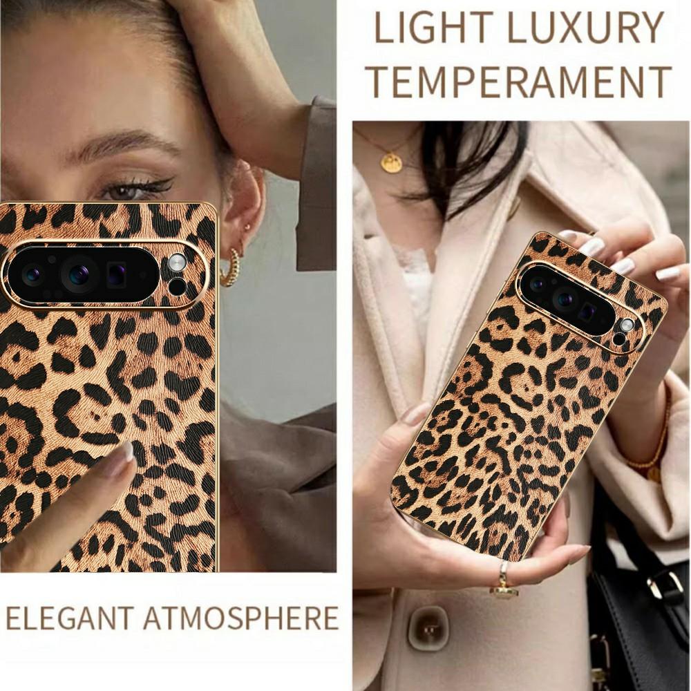 For Google Pixel 9 Pro Case Leopard Print PU Leather Coated PC+TPU Electroplating Phone Cover