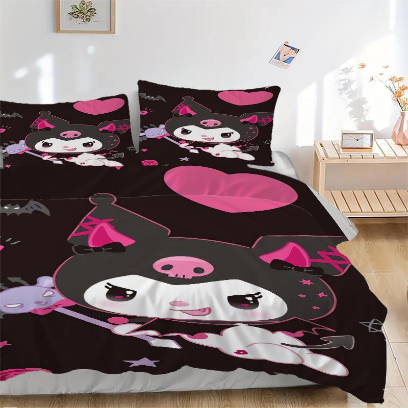 3pcs Cute Heart Kuromi Printed Quilt Set - Includes 1 Quilt Cover and 2 Pillowcases, Machine Washable - Suitable for All Seasons.S024