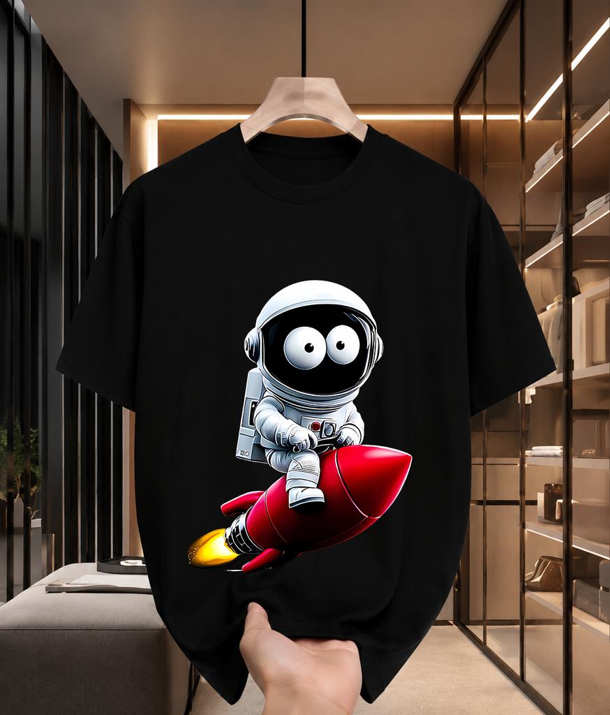 2026 New 100 Cotton Tshirt Cartoon Big Eyes Astronaut Riding Red Rocket Graphic Print Unisex Trendy Tee Casual Short Sleeve