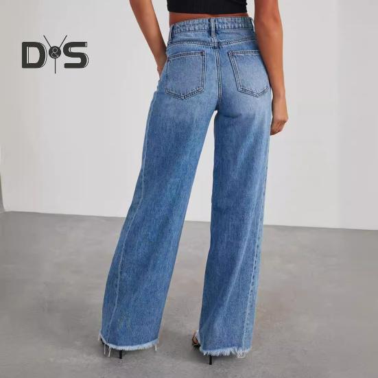 Damenjeans mit mehreren Taschen, Knopf, Reißverschluss, Jeanshose, seitliche Spleißnähte, Gratbesatz, einfarbige Jeans