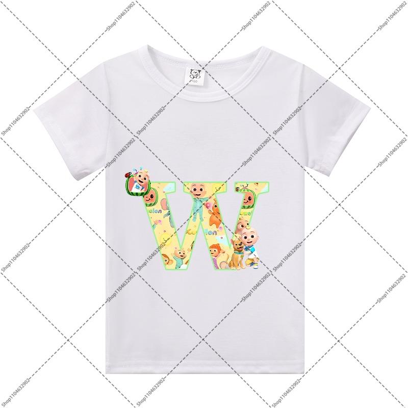 Cocomelons Kids Clothes Cartoon Anime Letter A-Z Print T-shirt Boys Girls Cute Cotton Tee Children Summer Fashion T Shirt Gifts