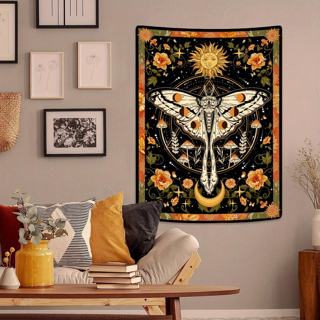 VIKAMA Retro Moth and Mandala Tapestry Aesthetics Bedroom Wall Decoration Living Room Dormitory Office Home Decoration