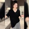 Women's Black V-Neck Plus Size Loose-Fit Short-Sleeve T-Shirt - Summer Korean Style