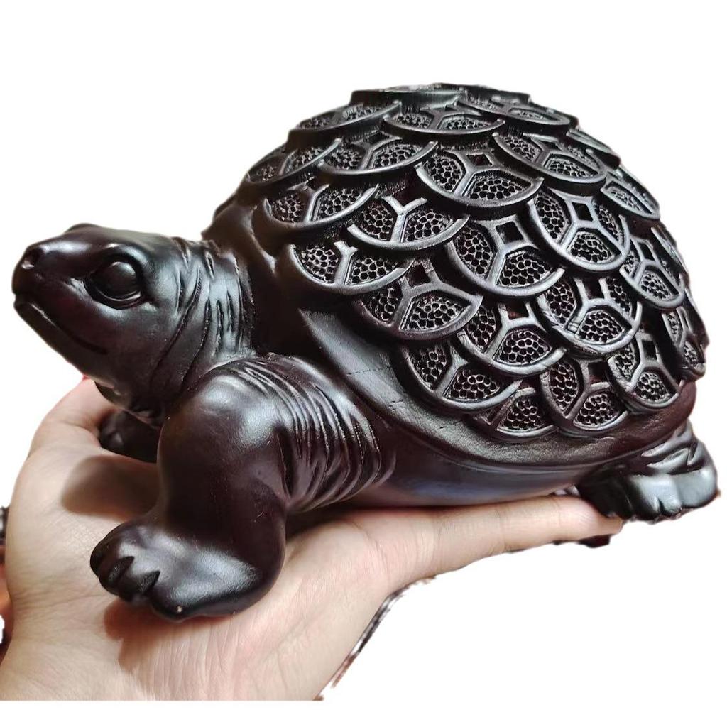 Ebony Money Turtle Wooden Figurine - Handcrafted Home & Office Decor Ornament