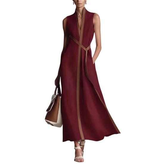 Sommer ärmelloses Kleid für Damen, lässig, Stehkragen, V-Ausschnitt, Maxikleid, fließend