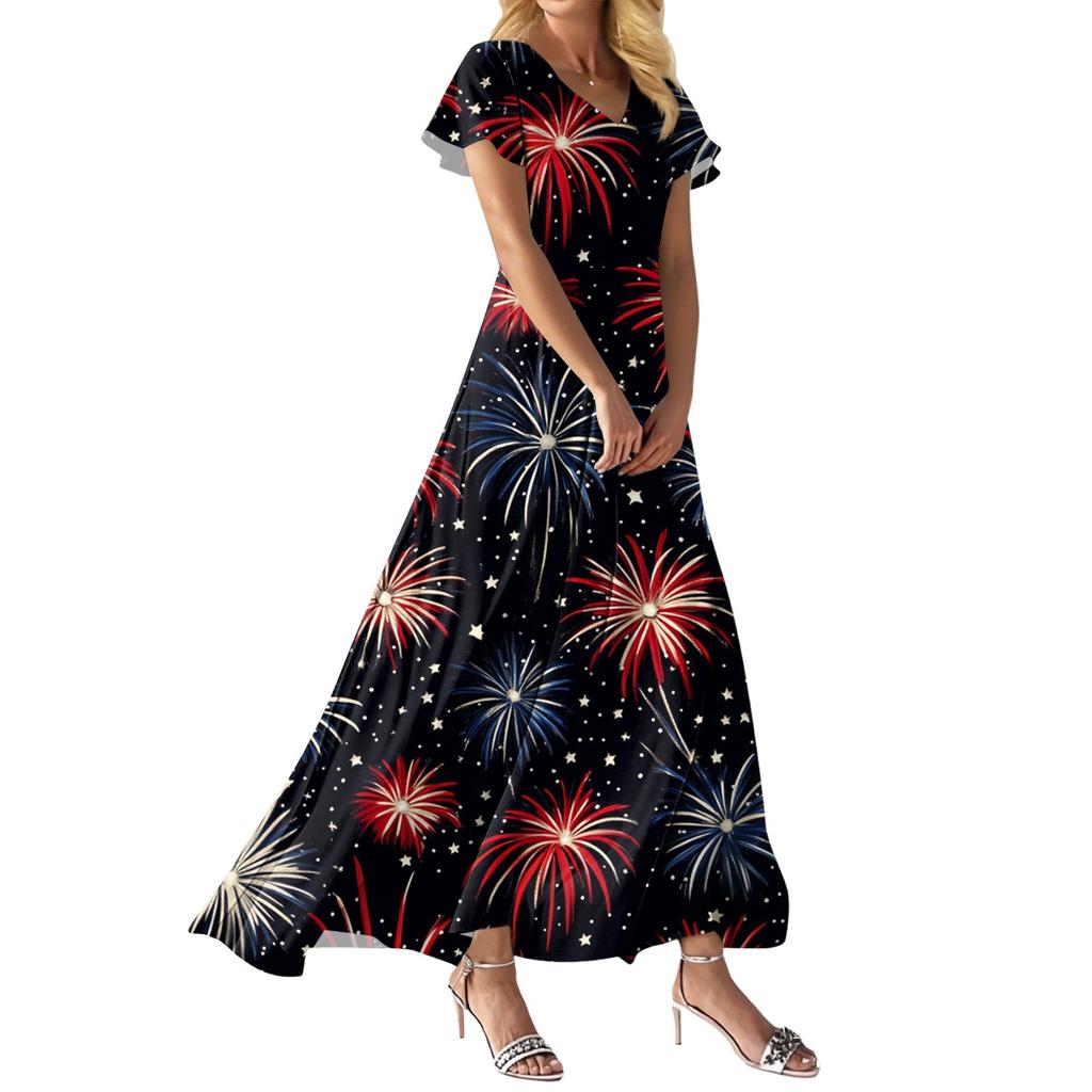 FashWomen's Loose Casual V-Neck Short Sleeved High Waisted Print Dress