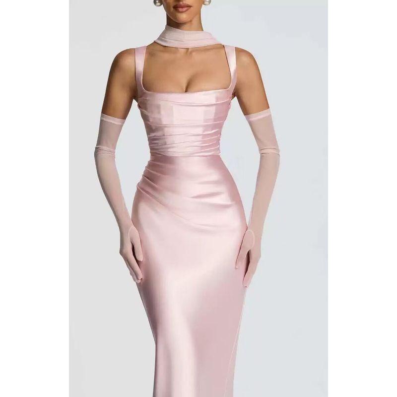 European and American Style Sleeveless Green Satin Backless Dress with Tie-Up Skirt Maix Dress New