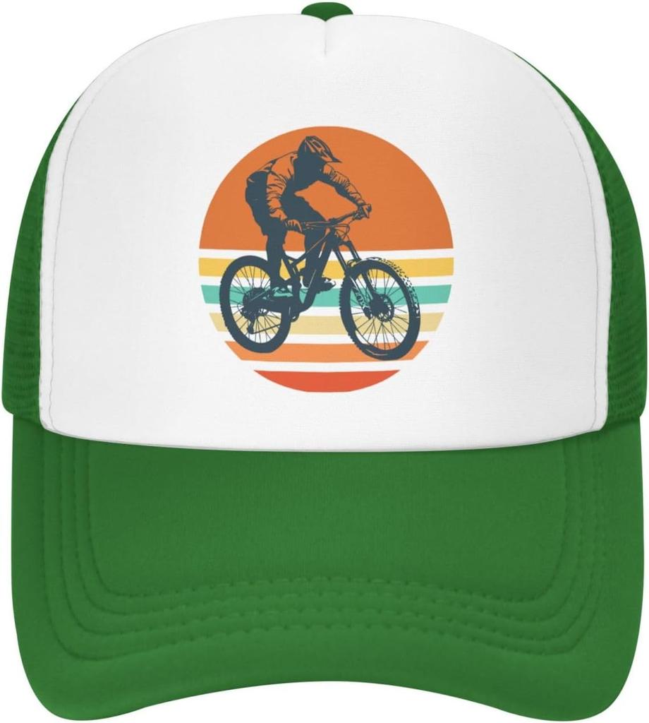 Mountain Biking Sunset Graphic Trucker Hat Polyester Outdoor Adjustable Snapback Cap for Men Women