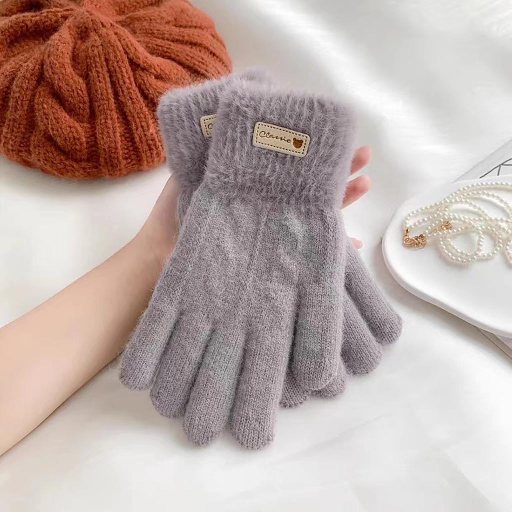 New  Autumn and Winter Gloves Ladies Cycling Rows Warm Finger Solid Color Touch Screen Fleece Thickened Knitted Cute Student