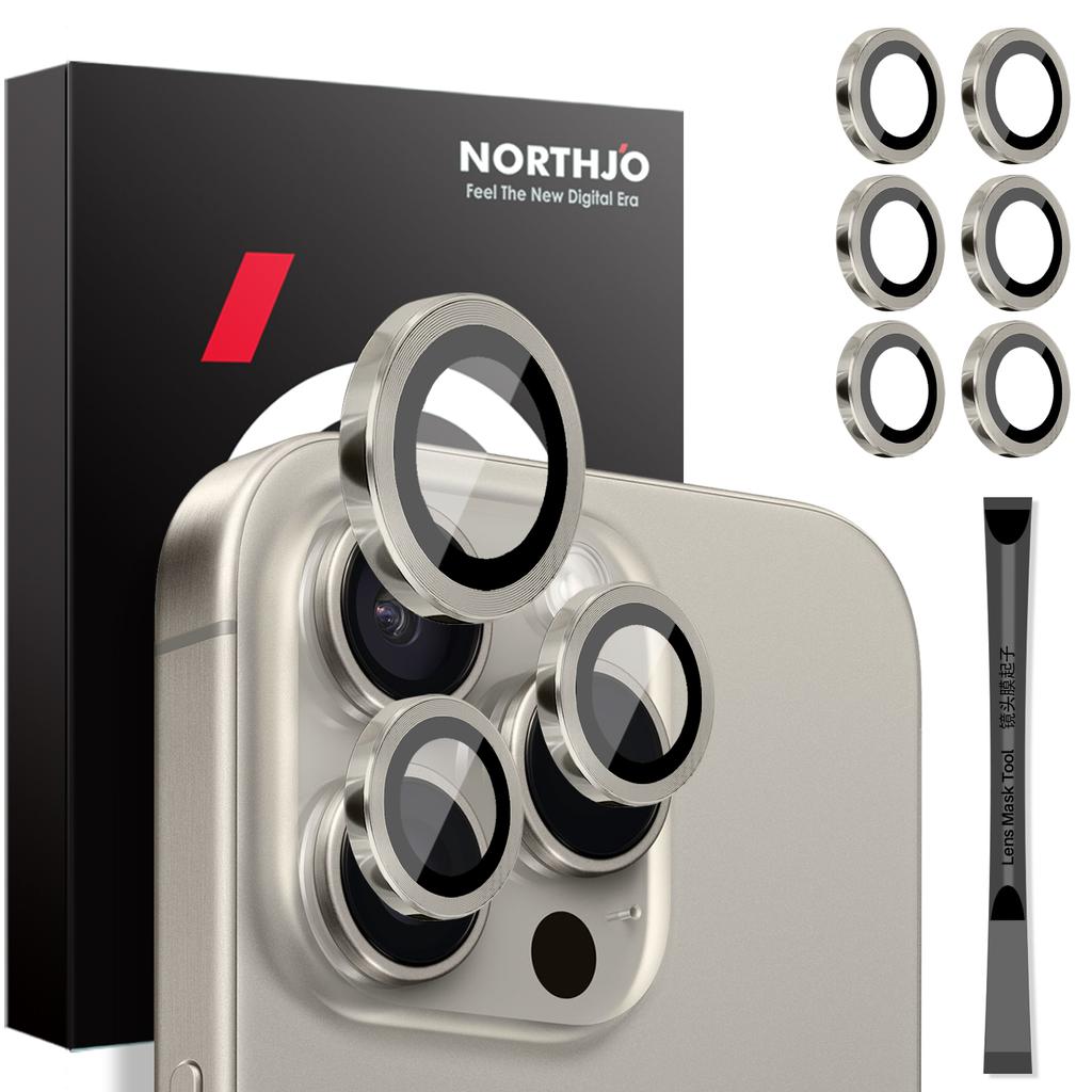 NORTHJO 2 Sets for iPhone 16 Pro/16 Pro Max Tempered Glass Camera Lens Film CD Veins Metal Ring Lens Guard