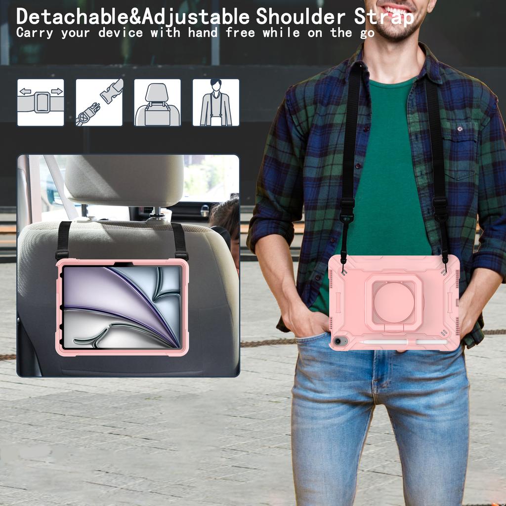 For iPad Air 11 (2025)/(2024) Case with Shoulder Strap PC+Silicone Hand Grip Kickstand Tablet Cover