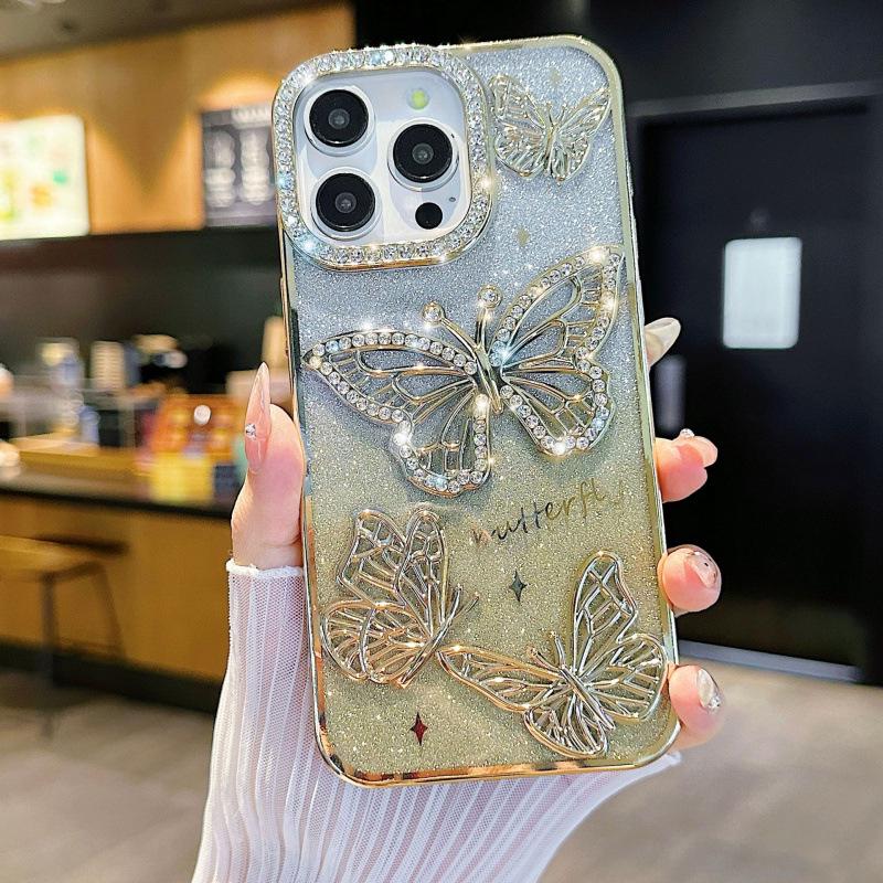 Butterfly Diamond Soft Rubber Phone Case for iPhone 15/16 Pro Max Full Coverage